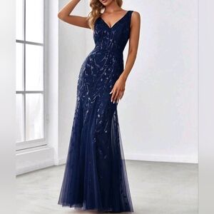 New Glam Floral Leaf Sequin Mesh Maxi Mermaid Gown Dress Navy Blue